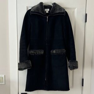 Ann Taylor Loft Black Coat with Gray Faux Fur Trim